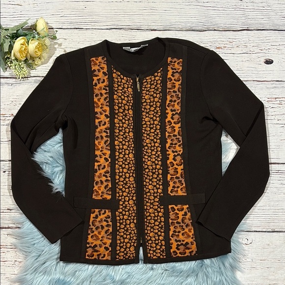 Exclusively Misook Cheetah Knit Zip Front Cardigan Jacket Petite - Picture 1 of 9